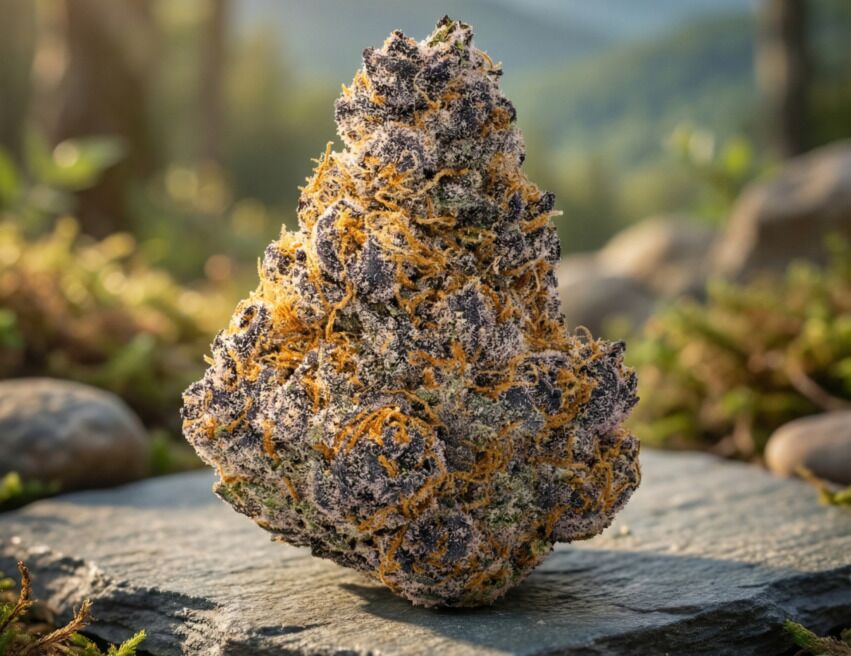 Premium Asheville Cannabis Flower THCA flower close-up with frosty trichomes, purple buds, and orange pistils on stone slab in the mountains — premium terpene-rich cannabis from Asheville Dispensary.