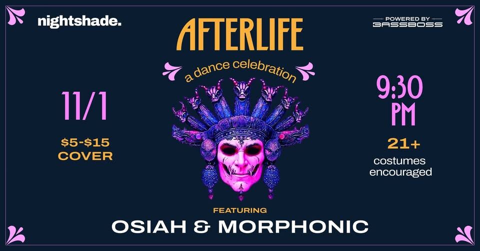 <h1 class="tribe-events-single-event-title">Afterlife ft. Osiah & Morphonic hosted by Nightshade</h1> <h1 class="tribe-events-single-event-title">Afterlife ft. Osiah & Morphonic hosted by Nightshade</h1>
